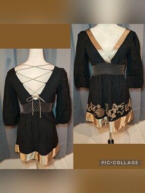 Y2K Unit USA Hybrid Tunic Top to Mini Dress w Back Laces & Fishnet Empire Waist
